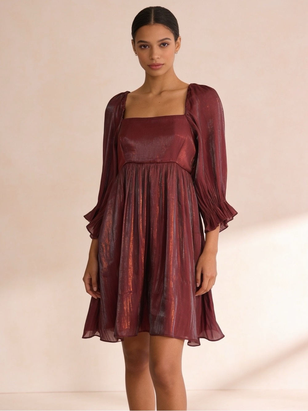 NWT Blu Pepper Burgundy Metallic Organza Long Sleeve Babydoll Mini Dress